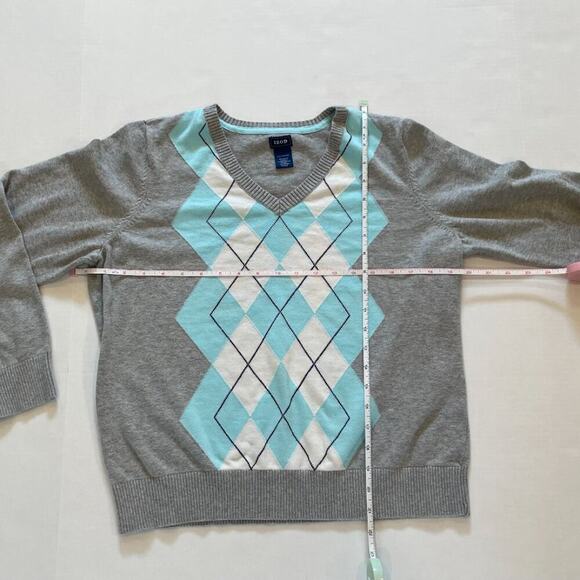 IZOD Cotton Argyle Long Sleeve V-Neck Sweater, Pastel Blue, Gray, Y2K, Preppy XL - Picture 6 of 8